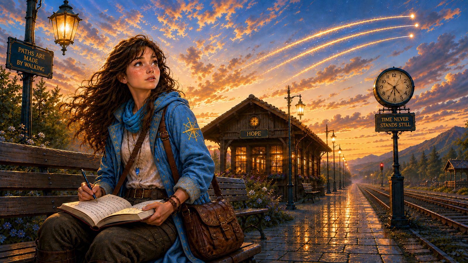 Alice sitzt allein auf einer Holzbank am Bahnsteig im Dämmerlicht und blickt zum Himmel hinauf.
