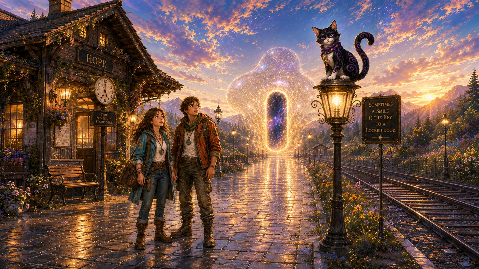 Magic Cat sitzt erhöht auf einer Bahnhofslaterne und blickt selbstbewusst auf Alice und Felix hinab, die Augen gold-silbern leuchtend.