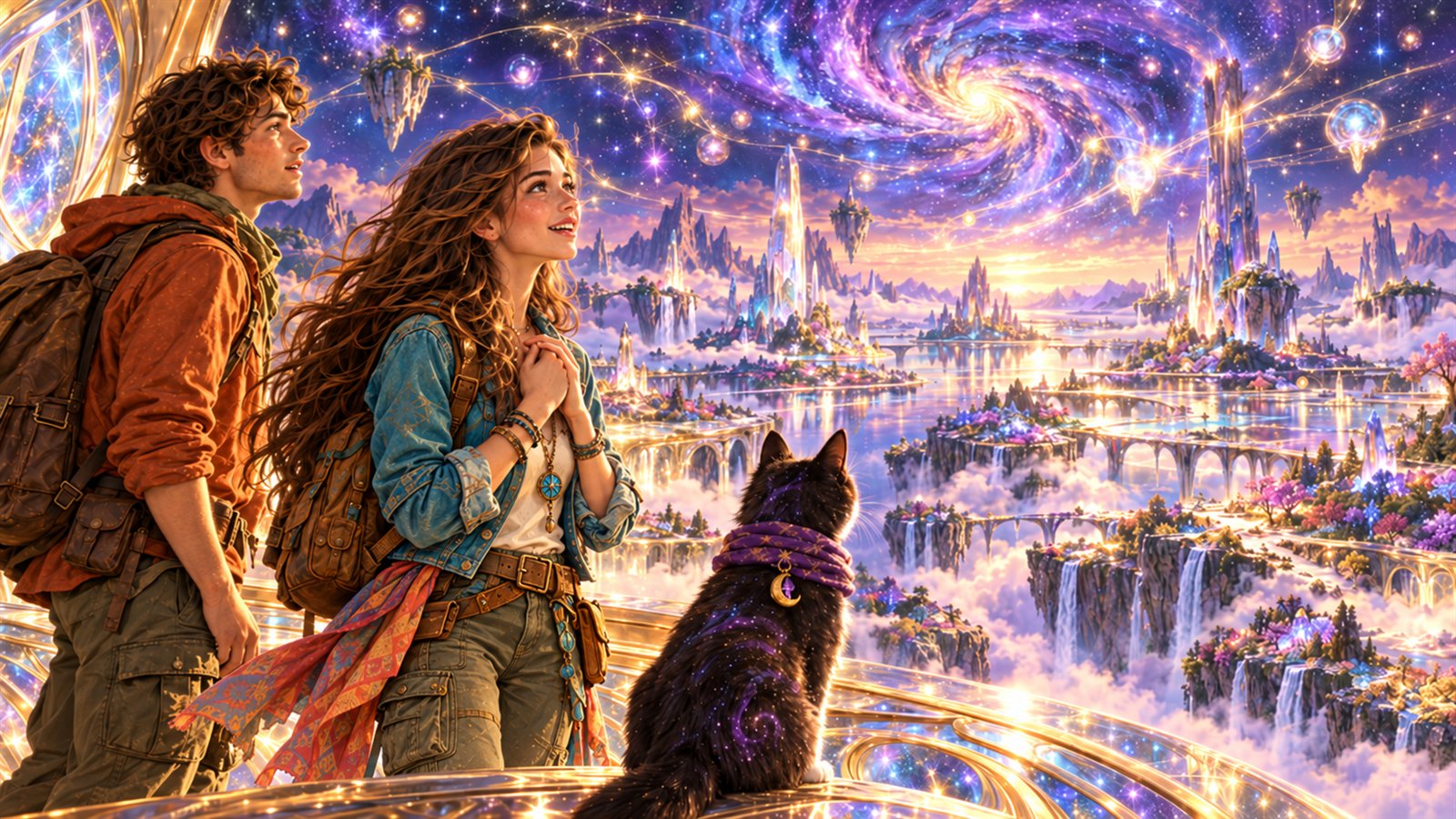 Unter einem violetten Sternenhimmel liegt eine Welt aus gläsernen Ebenen, Kristalltürmen und schwebenden Inseln.